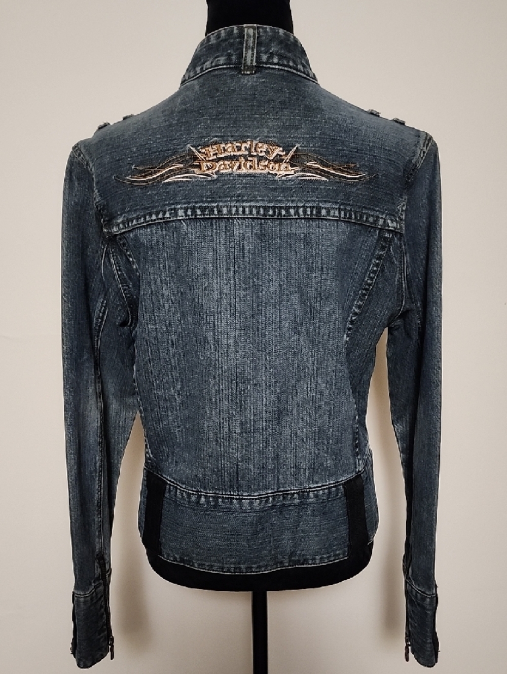 Harley-Davidson Denim Jacket Large Embroidered Logo Leather Trim Snap Front Zip - Picture 7 of 16